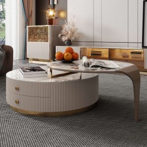 JASIWAY 2-Piece Modern Round Coffee Table with 2 Drawers & Metal Legs