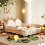JASIWAY Solid Wood Kids Bed with Rabbit Cartoon Cushion & Guardrail