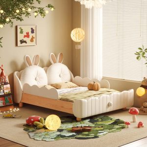 JASIWAY Solid Wood Kids Bed with Rabbit Cartoon Cushion & Guardrail