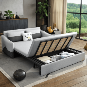 JASIWAY Grey 3 in 1 Pull Out Couch Bed Cotton Linen with Storage Chaise
