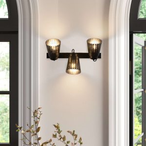 JASIWAY 3-Light Retro Iron Hollow Adjustable Black Industrial Style Plug in Wall Sconce Lighting