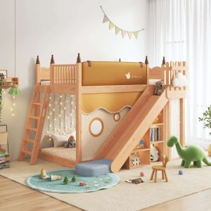 JASIWAY Children's Bunk Bed Solid Wood Loft Bed with Slide Storage and Tent