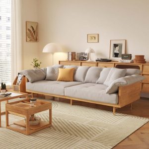 JASIWAY Modern 3-Seat Upholstered Cotton Linen Sofa Solid Wood Frame Sofa