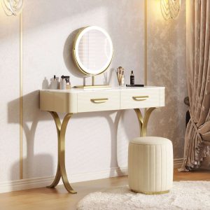 JASIWAY Luxury Vanity Set Makeup Table with 2 Drawers & Mirror & Stool