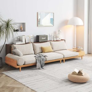 JASIWAY 116.3" Beige Cotton Linen 3-Seater Sofa Storage Fabric Sofa with Round Arm