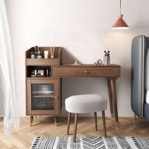 JASIWAY Coffee Brown Wooden Vanity Table with Side Cabinets Open Storage & Drawers