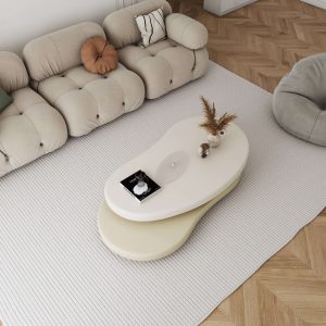 JASIWAY Minimalist Rotatable Coffee Table with Unique Oval Design - Off-white & Beige Elegance