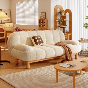 JASIWAY Japandi Loveseat Folding Sofa Bed in Cream White & Green Corduroy Fabric