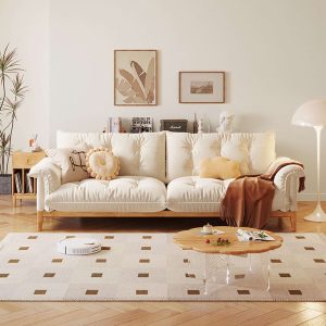 JASIWAY Modern 3-Seater Sofa Beige Solid Wood Cotton Linen Sofa