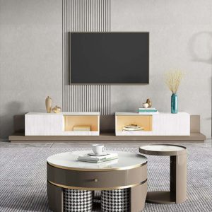 JASIWAY Modern White & Coffee TV Stand with Extendable Drawers