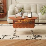 JASIWAY Retro Living Room Movable Coffee Table with Solid Wood Adjustable Petal Design