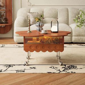 JASIWAY Retro Living Room Movable Coffee Table with Solid Wood Adjustable Petal Design