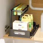 2 Pack 2-Tier Under Sink Organizers and Storage Sliding Cabinet BasketOrganizer with Hooks Multi-PurposeUnder Sink Organizers and Storagefor Bathroom Kitchen Racks Silicone