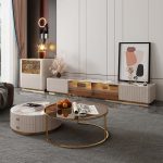 JASIWAY Modern Round Coffee Table Set Sintered Stone with 2 Drawers & Metal Legs