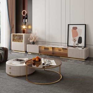 JASIWAY Modern Round Coffee Table Set Sintered Stone with 2 Drawers & Metal Legs