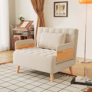Hausfurn Beige Folding Sofa Bed Convertible Cotton & Linen