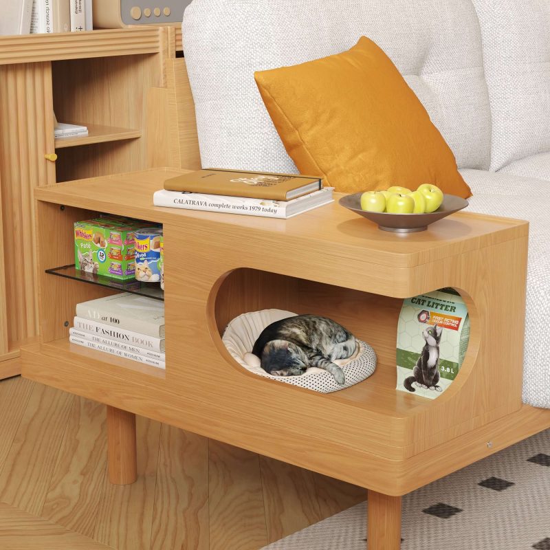 JASIWAY Japandi Wooden Base Sofa with Integrated Cat Den