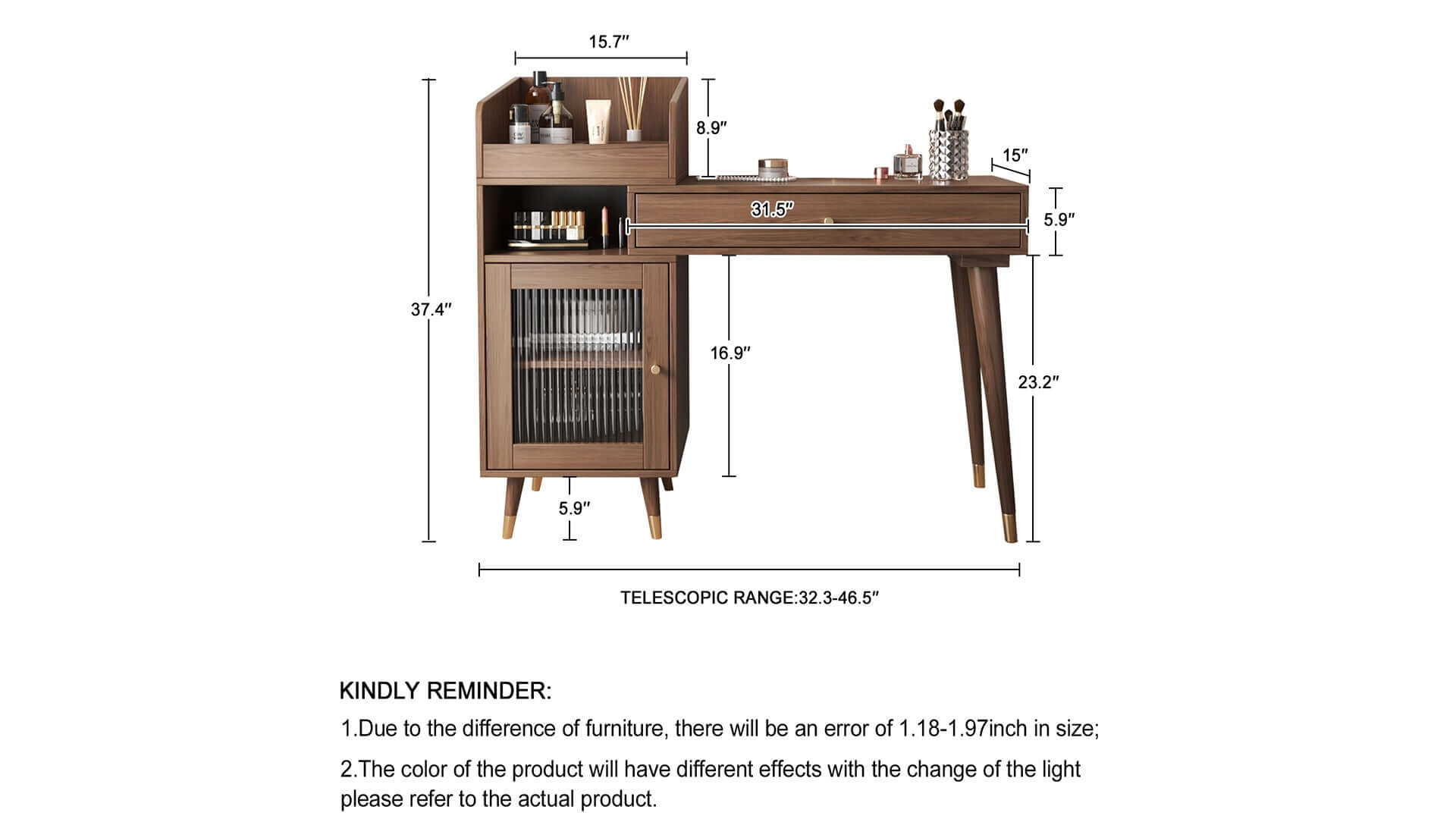 Dimension of Coffee Brown Wooden Vanity Table with Side Cabinets Open Storage & Drawers