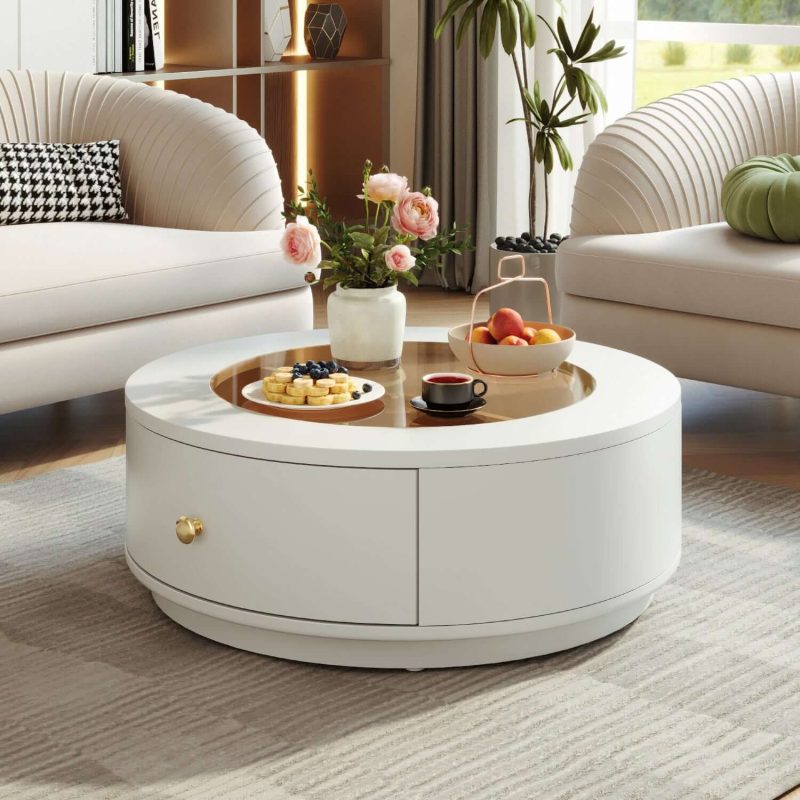 JASIWAY Luxury Glass Top Round Coffee Table with Drawers