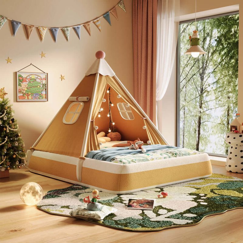 JASIWAY Christmas-Themed Upholstered Kids Tent Bed – Safe & Festive Play and Rest Space