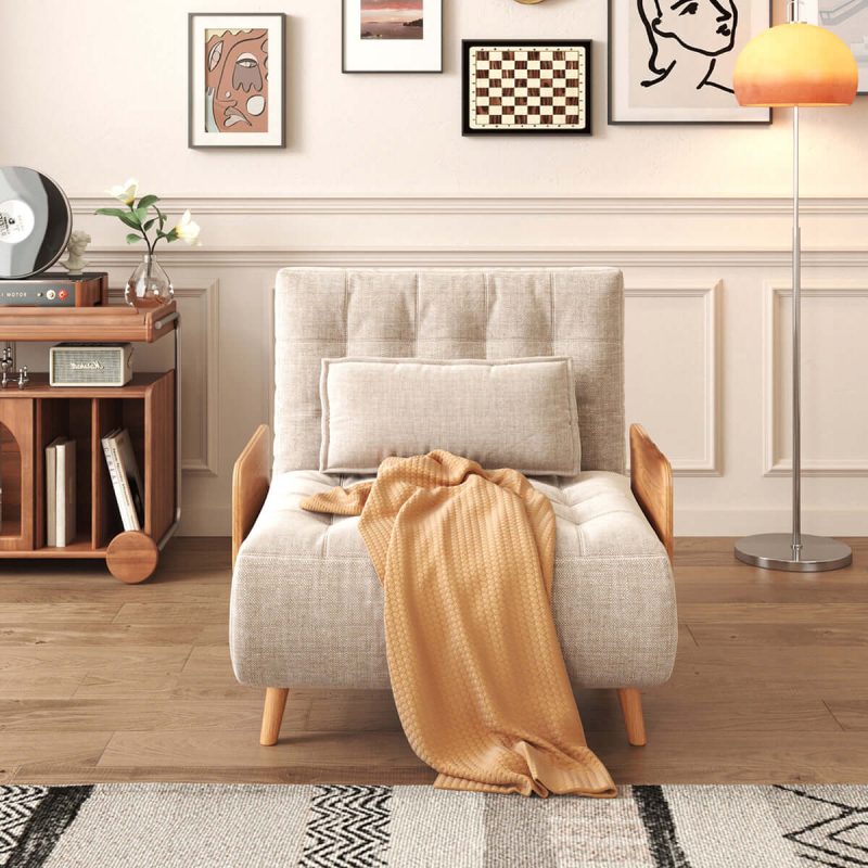 Hausfurn Beige Folding Sofa Bed Convertible Cotton & Linen