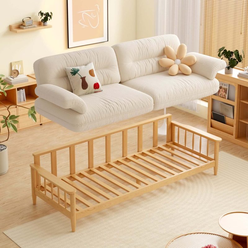 JASIWAY Japandi Solid Ash Wood Sofa Available in Cotton Linen, Corduroy & Cat-Scratch Fabric