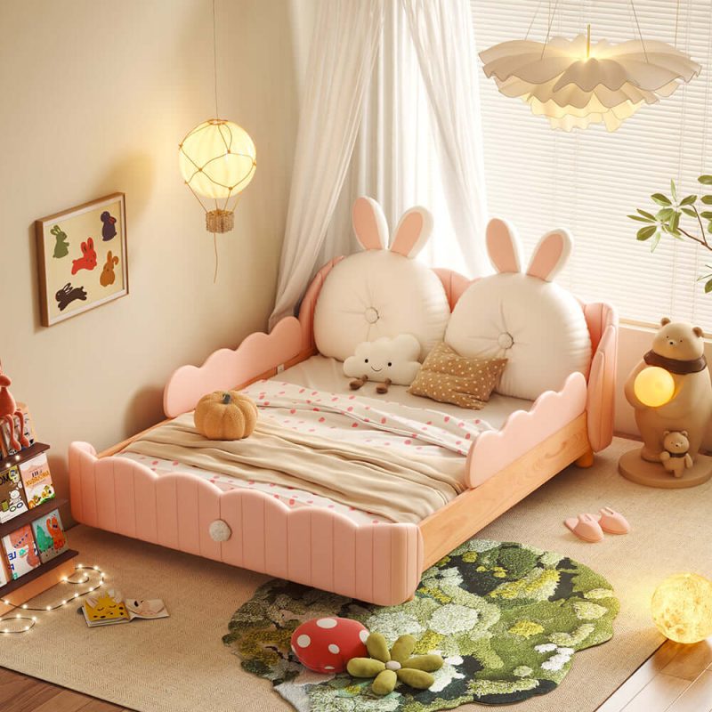 JASIWAY Solid Wood Kids Bed with Rabbit Cartoon Cushion & Guardrail