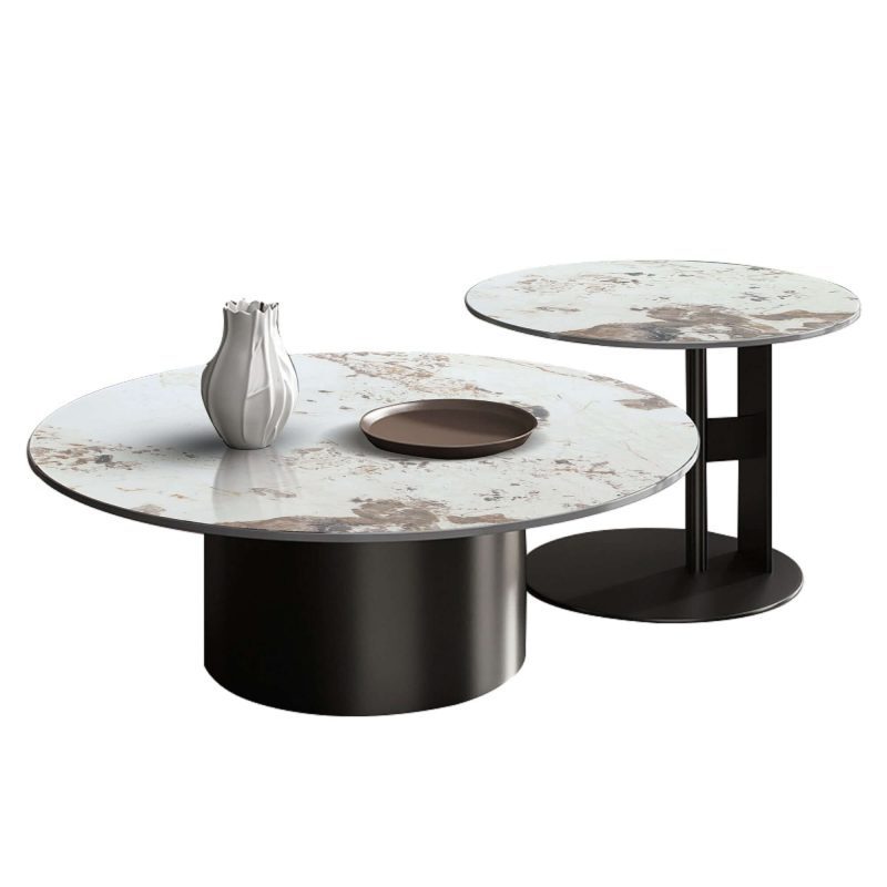 JASIWAY Black & Gold Round Nesting Coffee Table with Sintered Stone Top