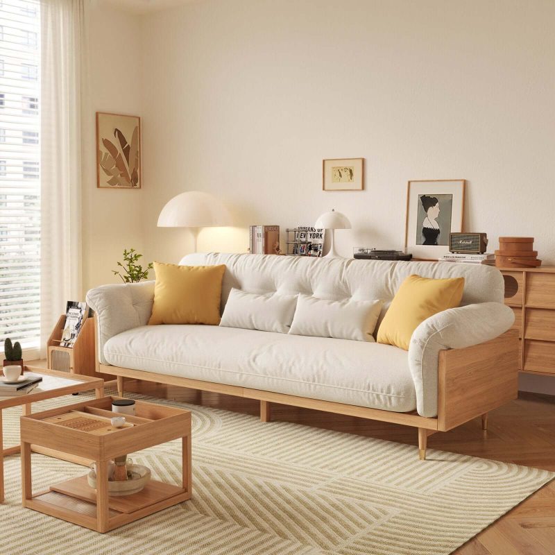 JASIWAY Beige Upholstered Sofa in Cotton Linen Fabric Solid Wood Frame
