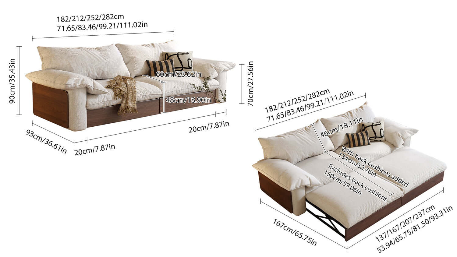 Dimension of Japandi Pull-out Sofa Bed with Three Fabric Options Available