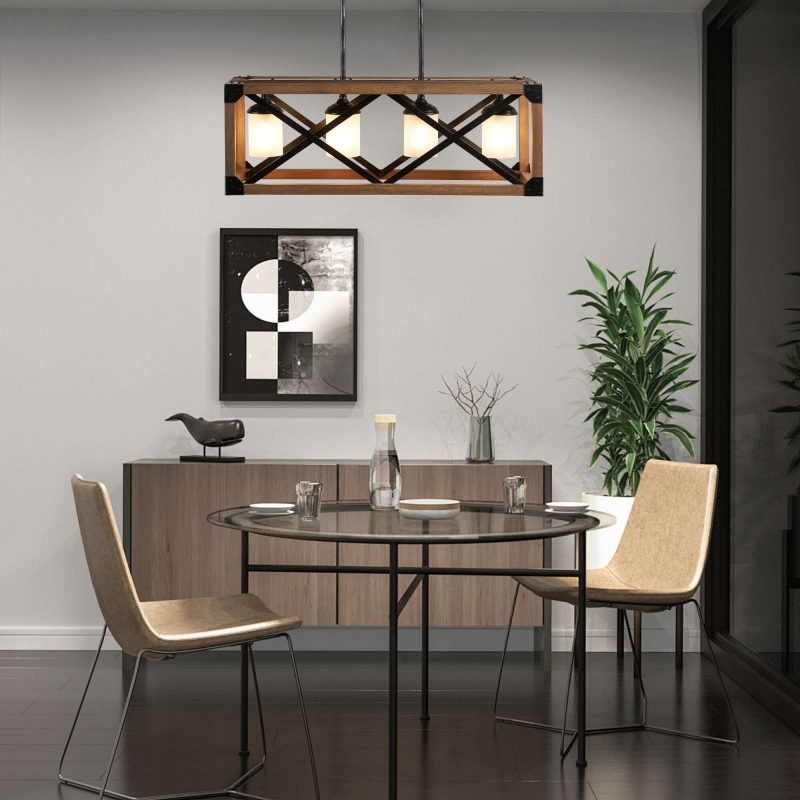 JASIWAY 4-light Rectangle Farmhouse Pendant with Wood Accents