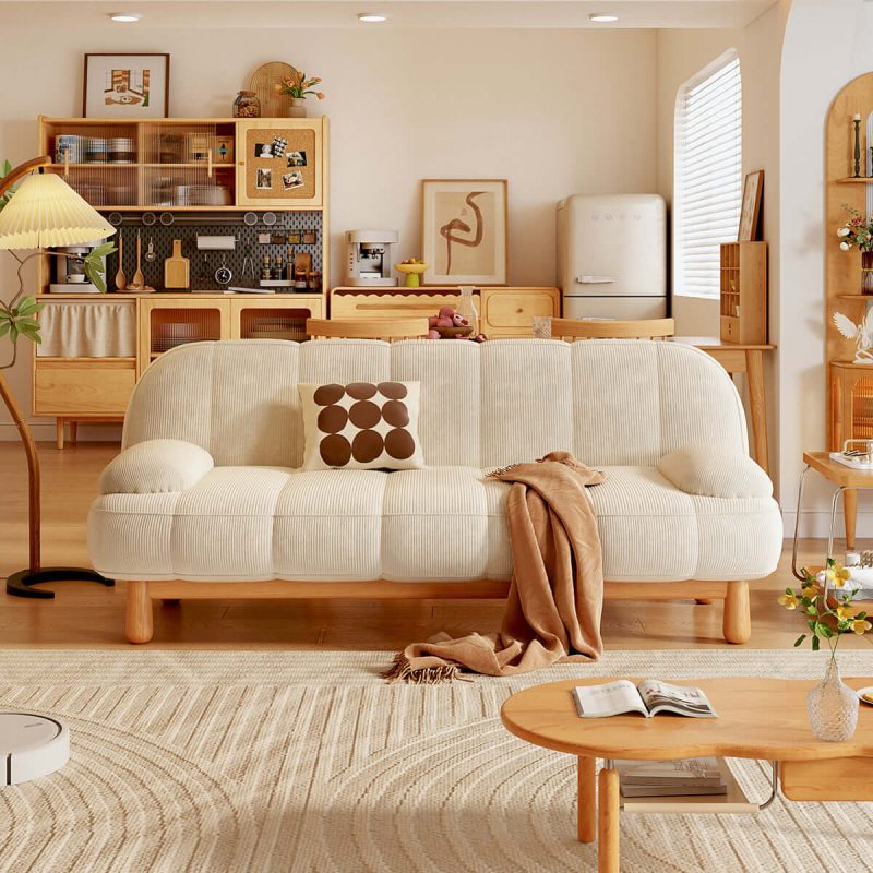 JASIWAY Japandi Loveseat Folding Sofa Bed in Cream White & Green Corduroy Fabric