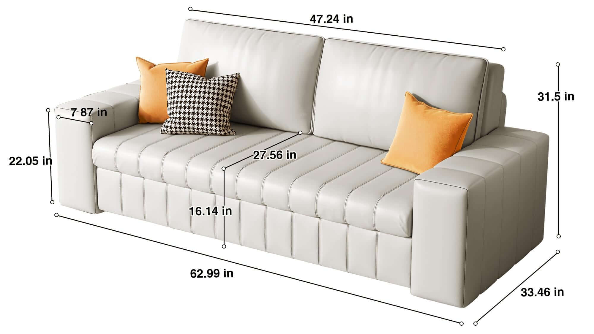 Dimension of 62.99" Modern Upholstered Couch Bed Leather Sleeper Sofa with Storage Space
