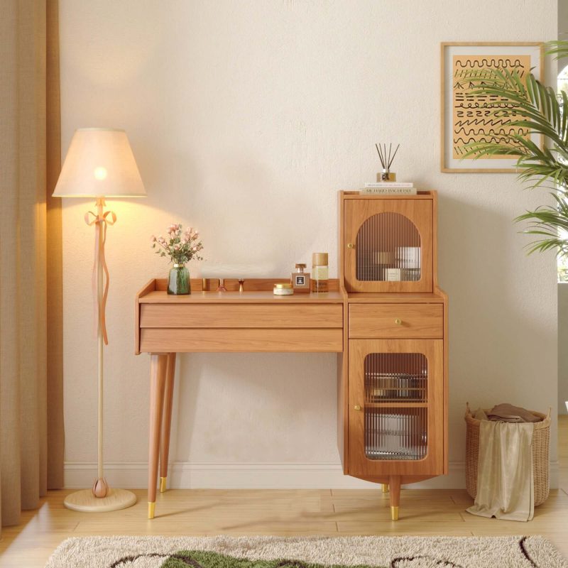 JASIWAY Storage Dressing Table Wooden with Adjustable Side Cabinet Position
