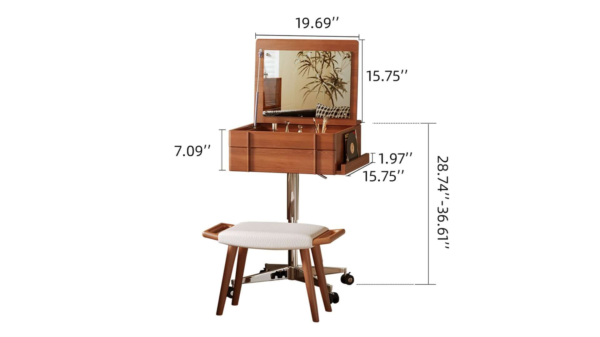 Dimension of Vintage Style Solid Wood Movable Small Vanity Table with Flip-Top Mirror