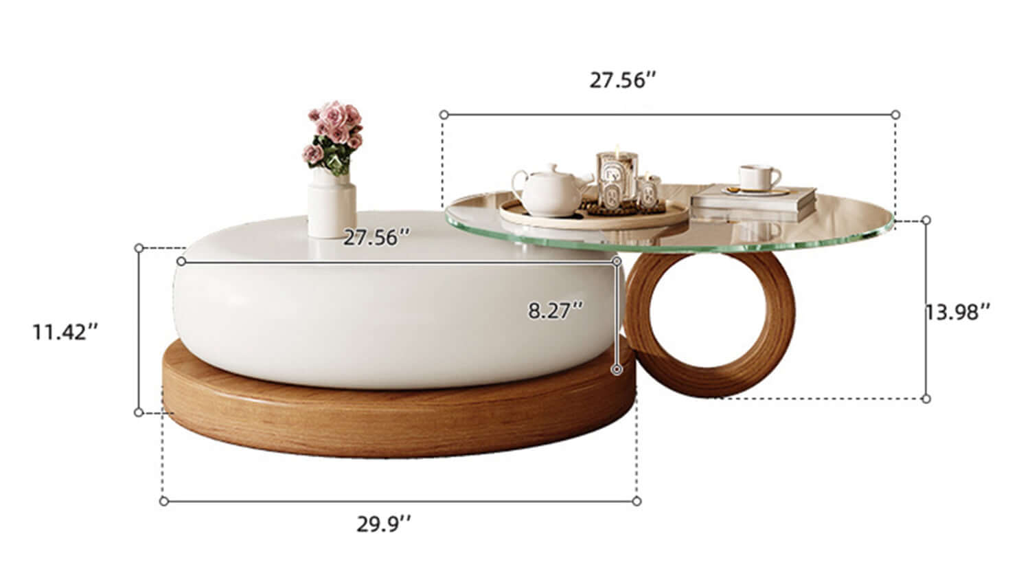 Dimension of Modern Round Coffee Table – Glass Top & Solid Wood Leg