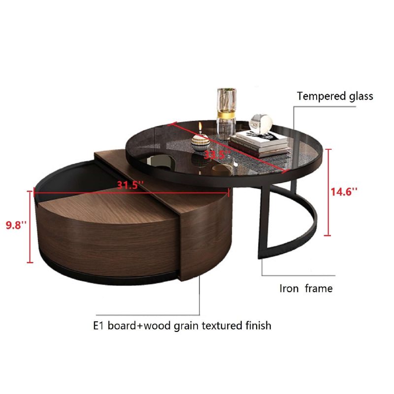 JASIWAY Black & Walnut Round 360-Degree Rotation Coffee Table Set Storage