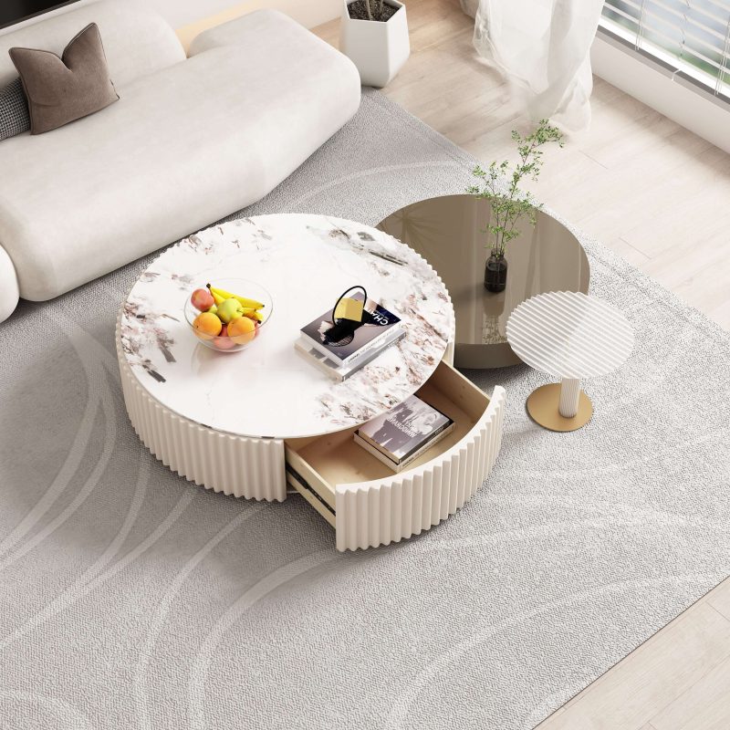 JASIWAY White & Grey Nesting Coffee Table Set of 3 with Storage & Stone Top
