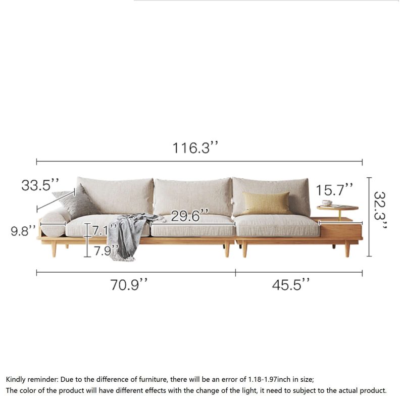 JASIWAY 116.3" Beige Cotton Linen 3-Seater Sofa Storage Fabric Sofa with Round Arm
