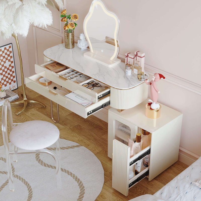 JASIWAY Modern White Makeup Vanity Table with LED Lighted Mirror & Cabinet