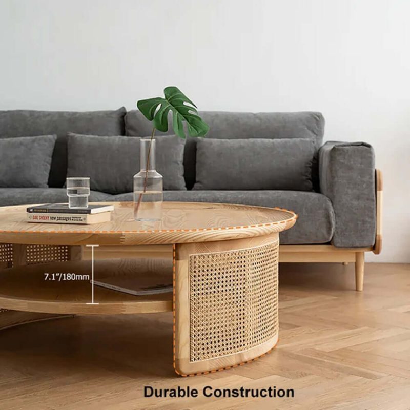 JASIWAY Solid Wood 2-Tiered Japandi Round Coffee Table with Rattan Base