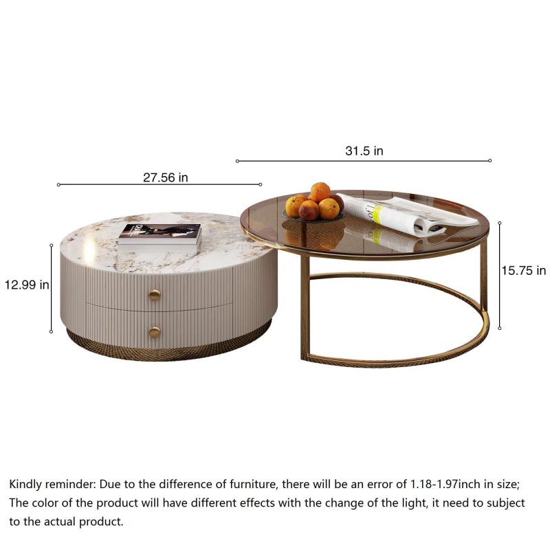 JASIWAY Modern Round Coffee Table Set Sintered Stone with 2 Drawers & Metal Legs