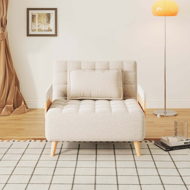Hausfurn Beige Folding Sofa Bed Convertible Cotton & Linen