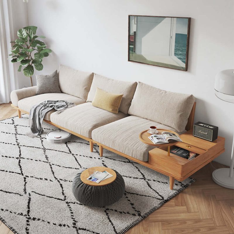JASIWAY 116.3" Beige Cotton Linen 3-Seater Sofa Storage Fabric Sofa with Round Arm