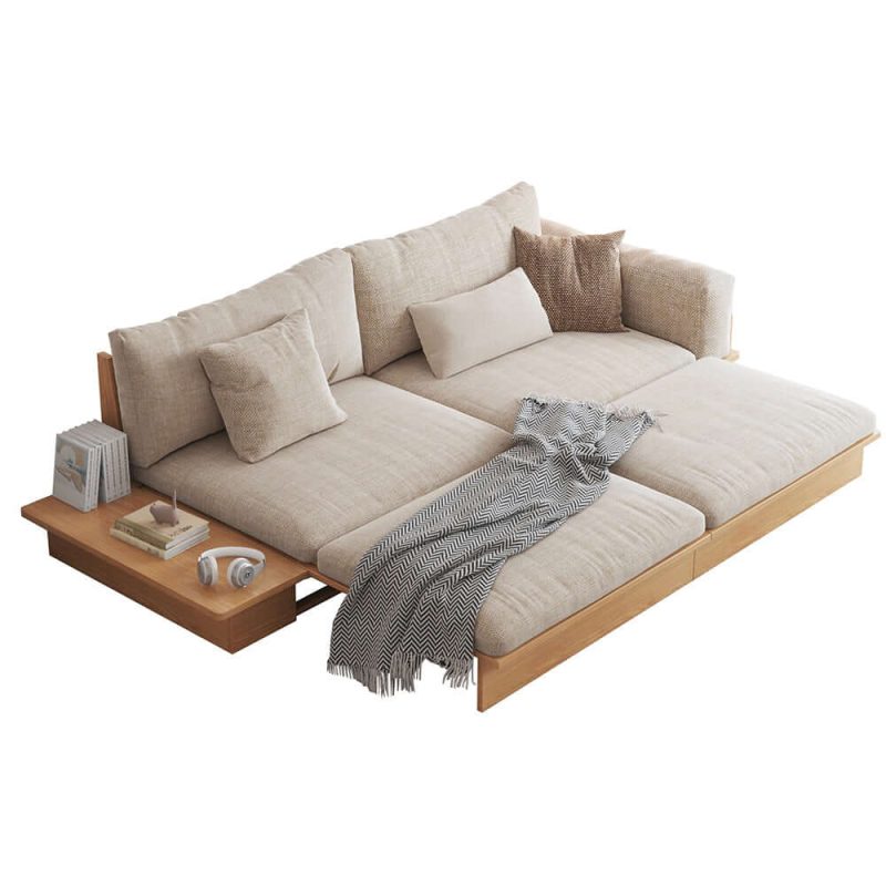 JASIWAY Modern Solid Wood Upholstered Cotton Linen Sofa Beige Folding sofa bed