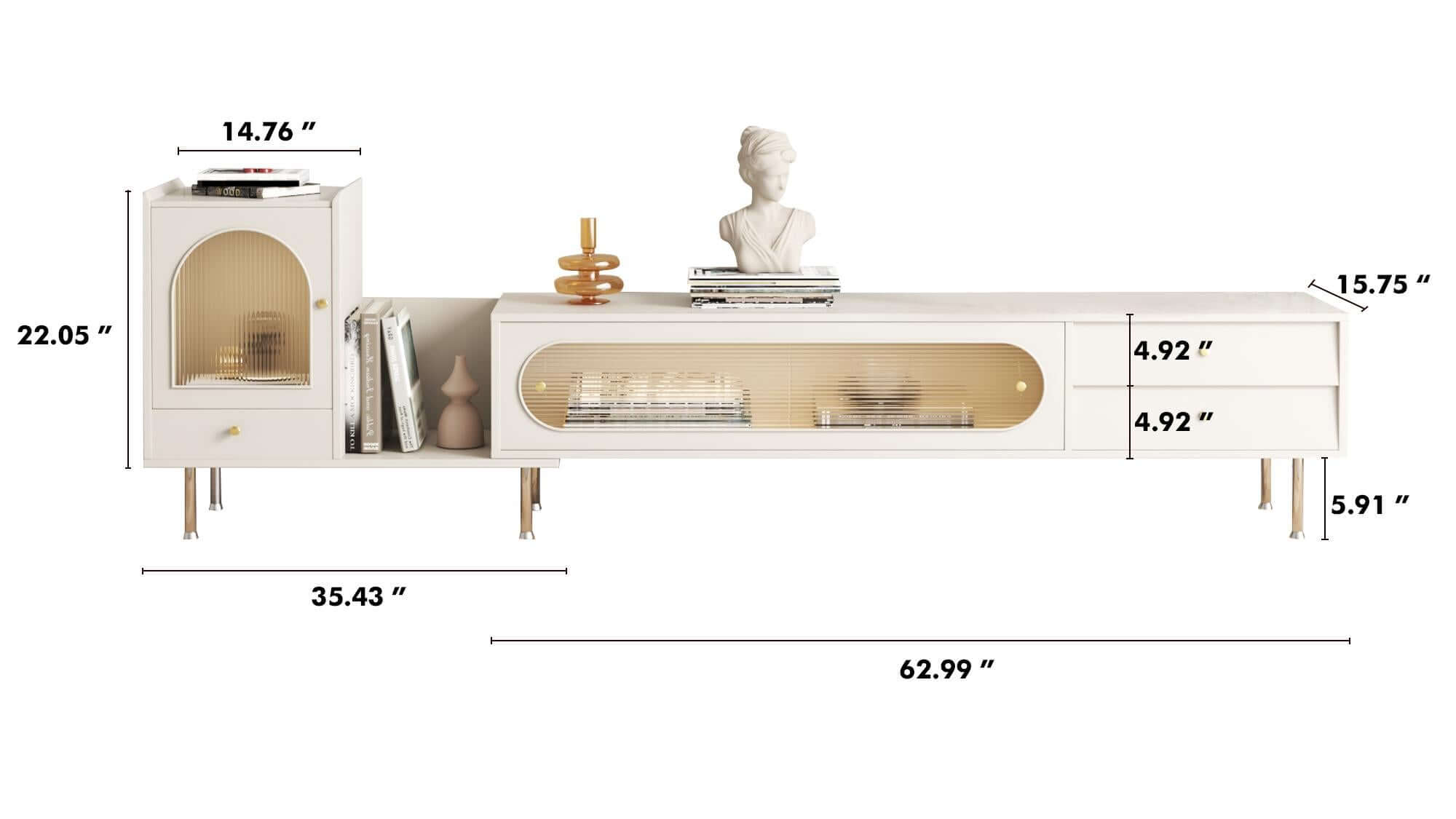 Dimension of Rectangle Extendable TV Stand Sliding Glass Door with Bookshelf & 3 Storage Drawers