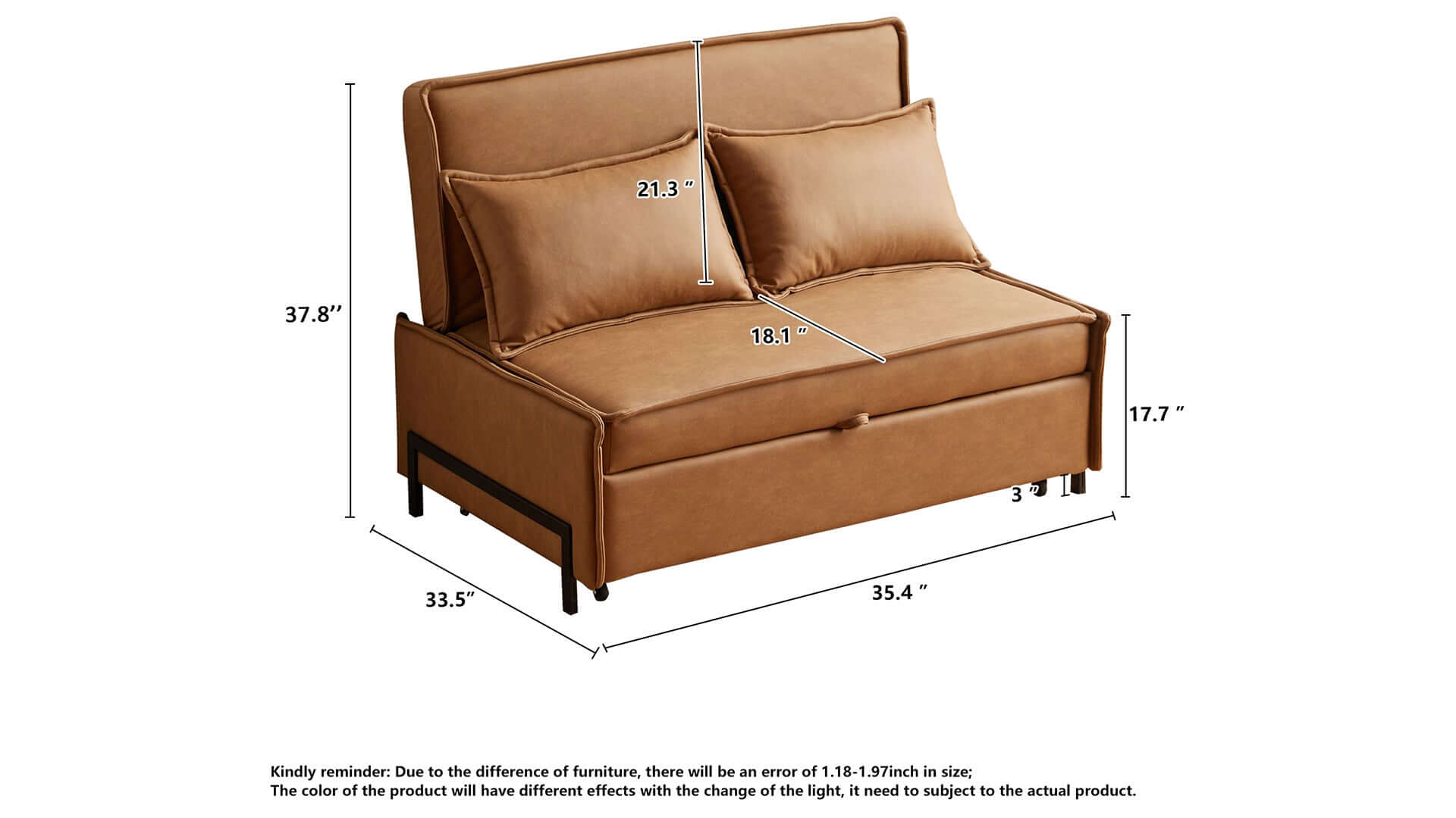 Dimension of 35.4" Brown  Modern Double Loveseat Sleeper Durable and Easy to Clean Sofa Bed