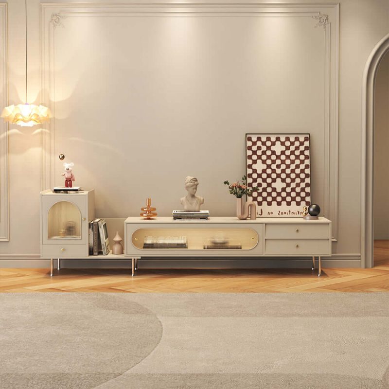 JASIWAY Rectangle Extendable TV Stand Sliding Glass Door with Bookshelf & 3 Storage Drawers