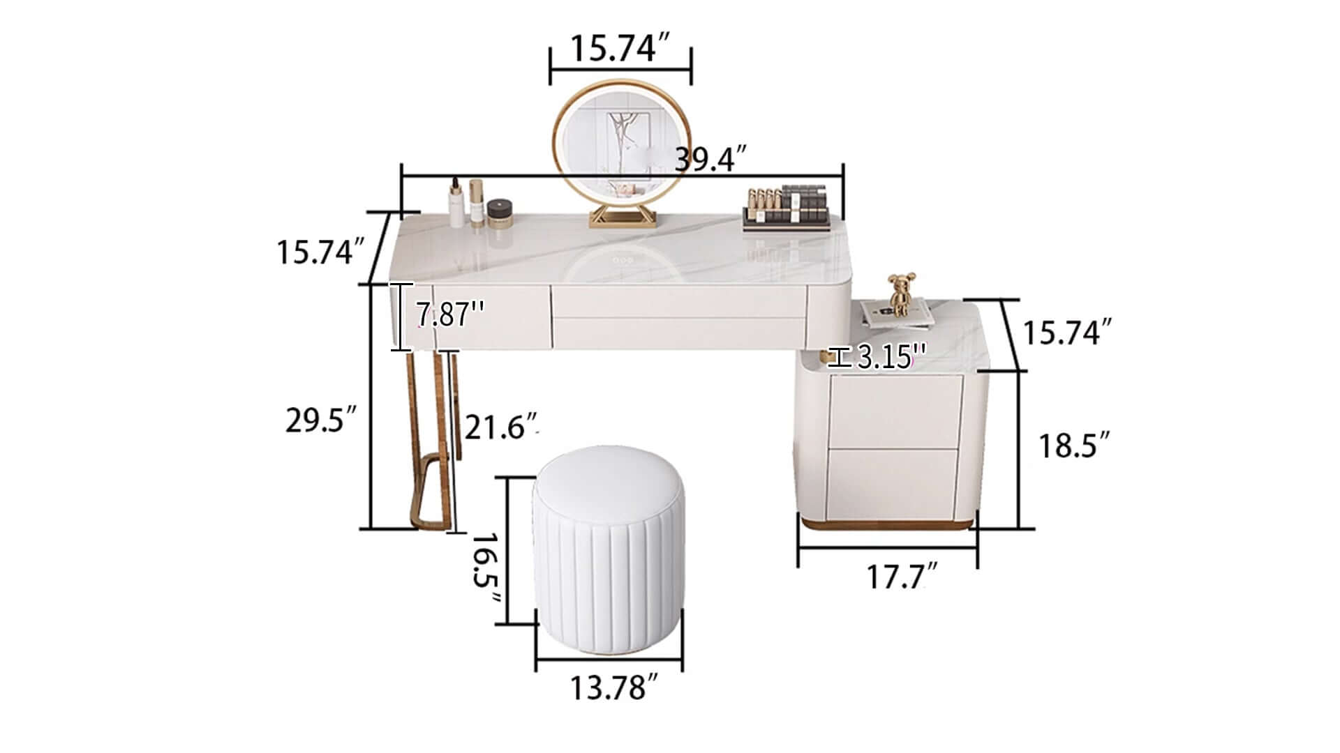 Dimension of Beige Makeup Vanity Drawers Dressing Table Set with Stool and Mirror