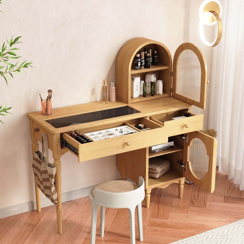 JASIWAY Wooden Makeup Vanity Set with Jewelry Storage & Side Cabinet